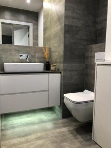 een badkamer met een witte wastafel en een toilet bij Apartament Avior in Iława