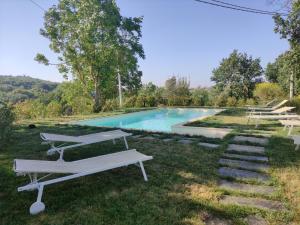 a swimming pool with two benches in the grass at Agriturismo La Poderina in Bagno Vignoni