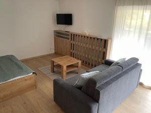 uma sala de estar com um sofá e uma mesa em Apartmán ADKA em Terchová