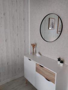 ein Badezimmer mit einem weißen Waschbecken und einem Spiegel in der Unterkunft Le coin des Sables in Les Sables-dʼOlonne