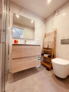 een badkamer met een wastafel, een toilet en een spiegel bij Living Funchal Apartments in Funchal