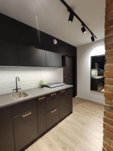 a kitchen with a sink and a counter top at Red wall apartment in the Old Town in Gdańsk