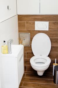 La salle de bains est pourvue de toilettes blanches et de murs en bois. dans l'établissement South Part Zamárdi, à Zamárdi