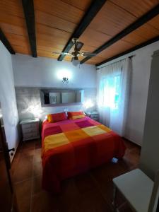sypialnia z łóżkiem i drewnianym sufitem w obiekcie Chalet la Huerta 2 amplios jardines barbacoa y WiFi w mieście Conil de la Frontera