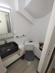 uma casa de banho com um lavatório preto e um WC. em Le Sénéchal em Villefranche-de-Rouergue