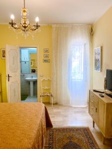 1 dormitorio con cama, TV y baño en Al Vecchio Pioppo, en Praia a Mare