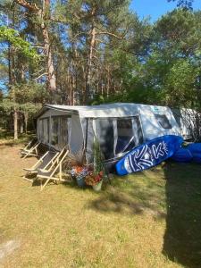 une tente bleue et blanche assise dans l'herbe dans l'établissement Przyczepa Abordaż na Campingu Kormoran, à Hel