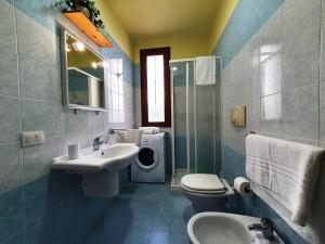 bagno con lavabo, servizi igienici e lavatrice. di Via Ugento Apartments - a pochi passi dalle spiagge a Sant'Isidoro