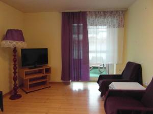 sala de estar con TV, sofá y ventana en Villa Banita, en Ustka