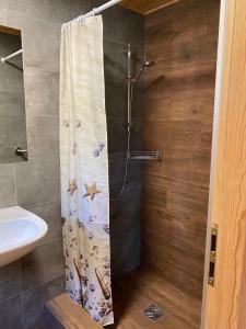 a bathroom with a shower with a shower curtain at ZEFIR Dąbki in Dąbki