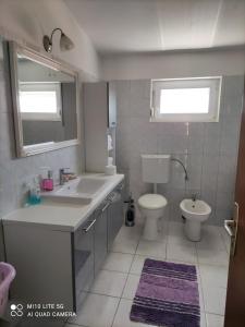 a bathroom with a sink and a toilet and a mirror at Apartment Marco in Zadar