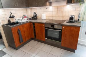 een keuken met een wastafel en een fornuis bij VIP Apartman Balatonföldvár in Balatonföldvár