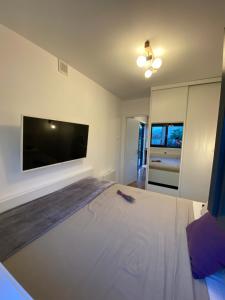 a bedroom with a large bed with a flat screen tv at HomeRevolution in Marikostenovo
