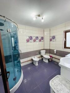 Un baño con dos inodoros y una ducha. en Pensiunea Casa Mădă, en Baia de Fier