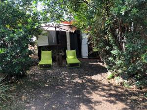 duas cadeiras verdes sentadas em frente a uma casa em Le Laurier Rose em Basse-Terre