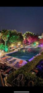 une piscine d'eau avec parasols et arbres la nuit dans l'établissement Hotel Centrale, à Eraclea Mare