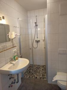 La salle de bains blanche est pourvue d'un lavabo et d'une douche. dans l'établissement Hotel - Gasthof Erber, à Sinzing