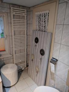 eine Dusche mit Holztür im Bad in der Unterkunft Ferienhaus Johanna & Ferienwohnung Thum in Weischlitz + 27 Fotos