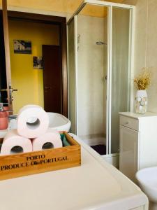 a box of toilet paper sitting on a counter in a bathroom at Casa Giulia - Tramonto - Valeggio sul Mincio in Valeggio sul Mincio