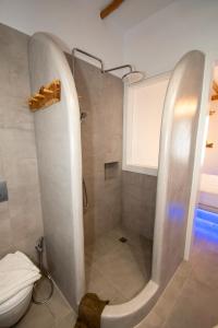 a shower with a glass door in a bathroom at Papafragas Studios in Pachaina