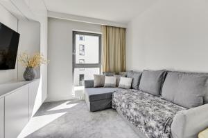 sala de estar con sofá gris y TV en The Crown - Nadmorze Premium en Gdansk