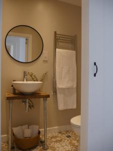 a bathroom with a sink and a mirror and a toilet at Harbour View House in St Ives