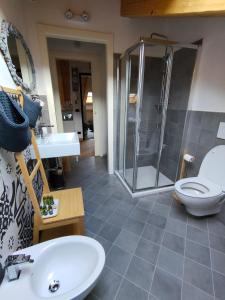 uma casa de banho com um chuveiro, um WC e um lavatório. em La Pentajota • camera con vista em Mondovì