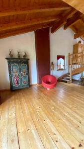 Habitación con un frisbee rojo en el suelo de madera en LA TANA DEL GRILLO, en Feltre