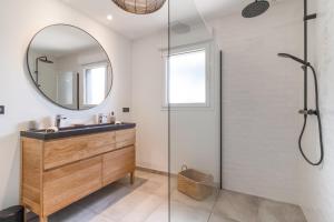 a bathroom with a sink and a mirror at Maison Gemme a Landes in Léon