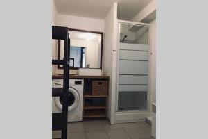 a laundry room with a washing machine and a mirror at Colibri Appart' T2 au coeur du Bassin d'Arcachon in Gujan-Mestras