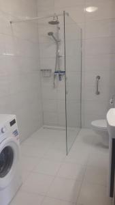 uma casa de banho com um chuveiro e uma máquina de lavar roupa em Apartamenty Irena Stare Miasto Św. Ducha em Elblag