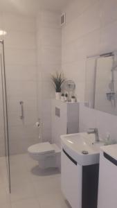 a white bathroom with a toilet and a sink at Apartamenty Irena Stare Miasto Św. Ducha in Elblag