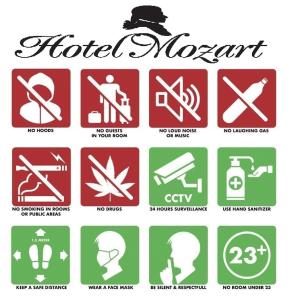 
a collage of photos showing different types of signs at Mozart Hotel in Amsterdam
