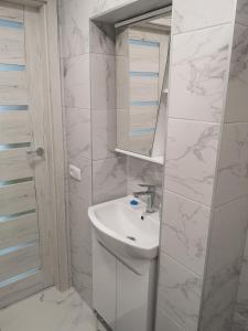 Baño blanco con lavabo y espejo en Plungės gatvės 18 apartamentai en Telšiai