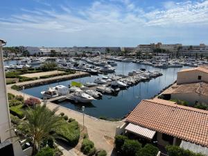 un port de plaisance rempli de nombreux bateaux dans l'eau dans l'établissement Résidence port venus -au village naturiste -avec une vue sur le port et la mer, au Cap d'Agde