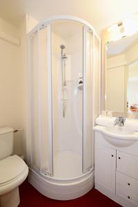 
a bathroom with a shower, toilet and sink at Hôtel Kennedy Parc des Expositions in Tarbes
