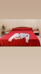 a bedroom with a red bed with a red blanket at TropeaCharmet PARKING FREE in Tropea