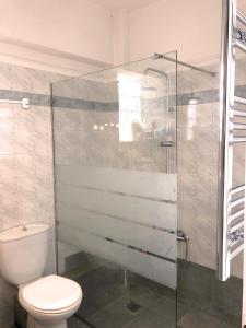a bathroom with a toilet and a glass shower at Apartment 50m from sea! in Xylokastron