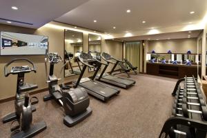 a gym with a row of treadmills and ellipticals at Bahrain Airport Hotel Airside Hotel for Transiting and Departing Passengers only in Muharraq