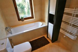 a bathroom with a tub and a toilet and a sink at Leniuchowo in Junoszyno