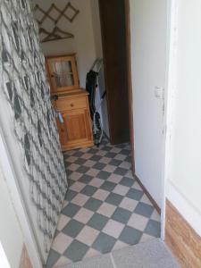 un couloir avec un sol en damier et une porte dans l'établissement Apartma Gače, à Semič
