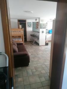 Il comprend un salon avec un canapé et une cuisine. dans l'établissement Apartma Gače, à Semič