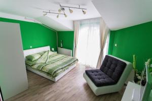 a green bedroom with a bed and a chair at Hostel Day 'N' Night in Niš