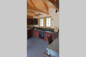 a kitchen with red cabinets and a stove top oven at Mothsgut - moderne Ferienwohnung auf dem Bauernhof im Erzgebirge in Oelsnitz