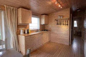 a kitchen with wooden cabinets and a sink in a cabin at chalet Esra 190 in Sint Annaland