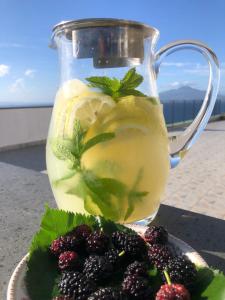 a pitcher of lemonade with blackberries and a plate of berries at Hotel Britannia in Sorrento