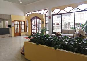 a lobby with a lot of plants and windows at Daza Hotel in Paipa