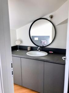 a bathroom with a sink and a mirror on a counter at Monza Apartments in Monza