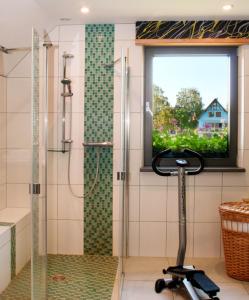 um chuveiro com uma porta de vidro e uma passadeira na casa de banho em Maison de 2 chambres avec jardin amenage et wifi a Ebersheim em Ebersheim