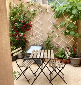 un patio con mesa, sillas y plantas en Lou Mistral en Moustiers-Sainte-Marie
